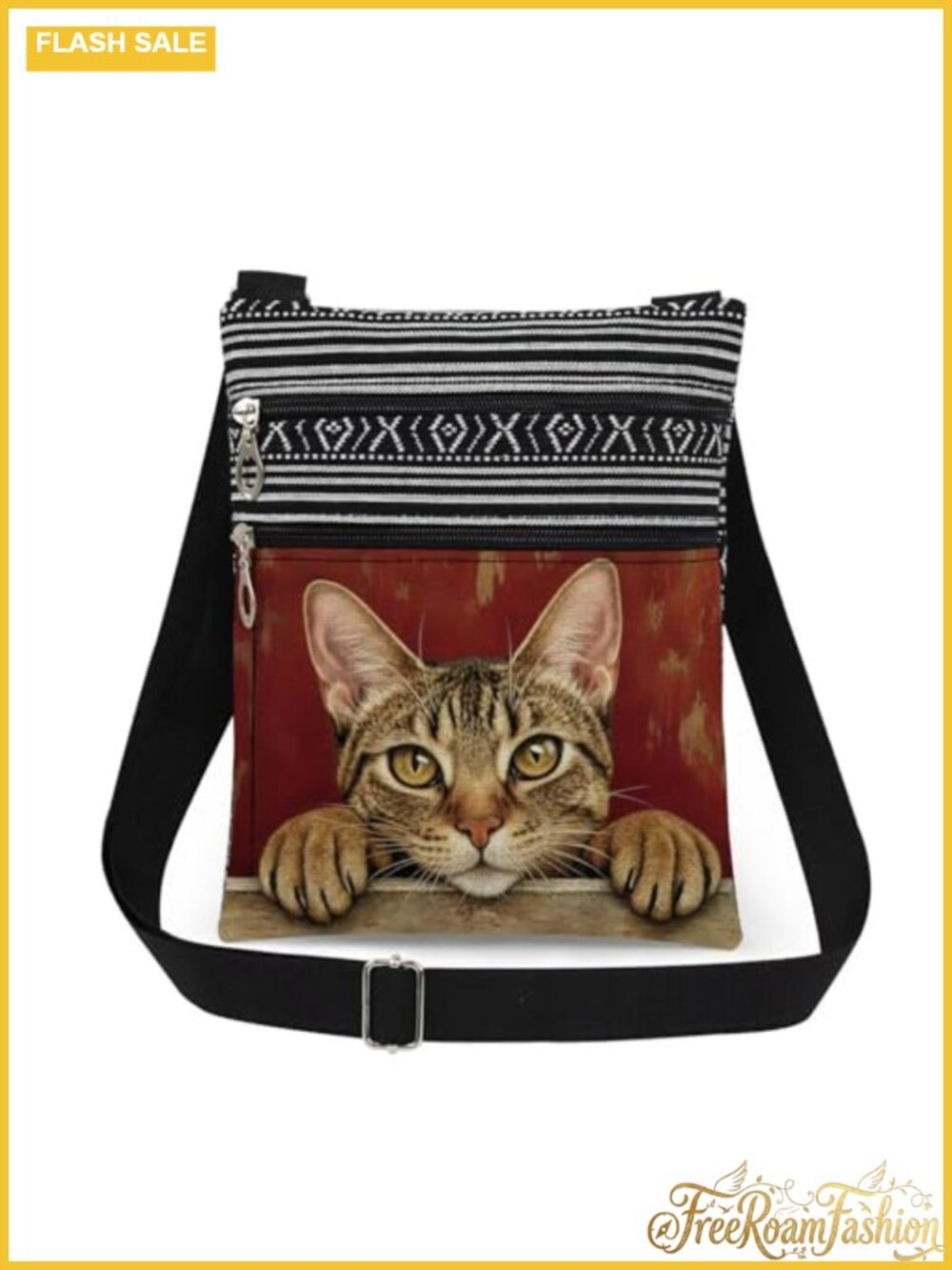 Polyester Crossbody Bag Adjustable Strap Double Zipper Cat Pattern